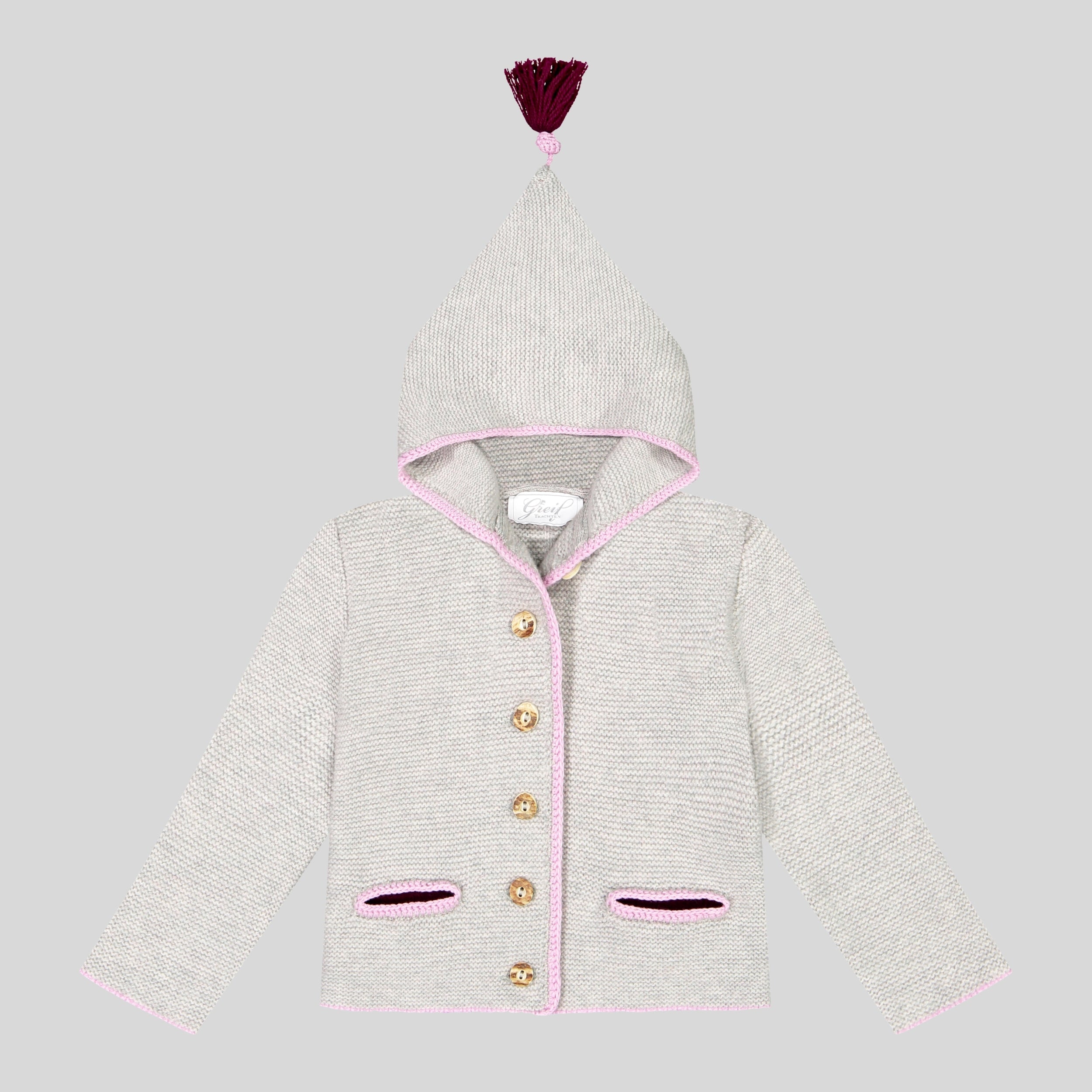 Kinder Kapuzenstrickjacke Leni hellgrau/rosé/beere Bild 1