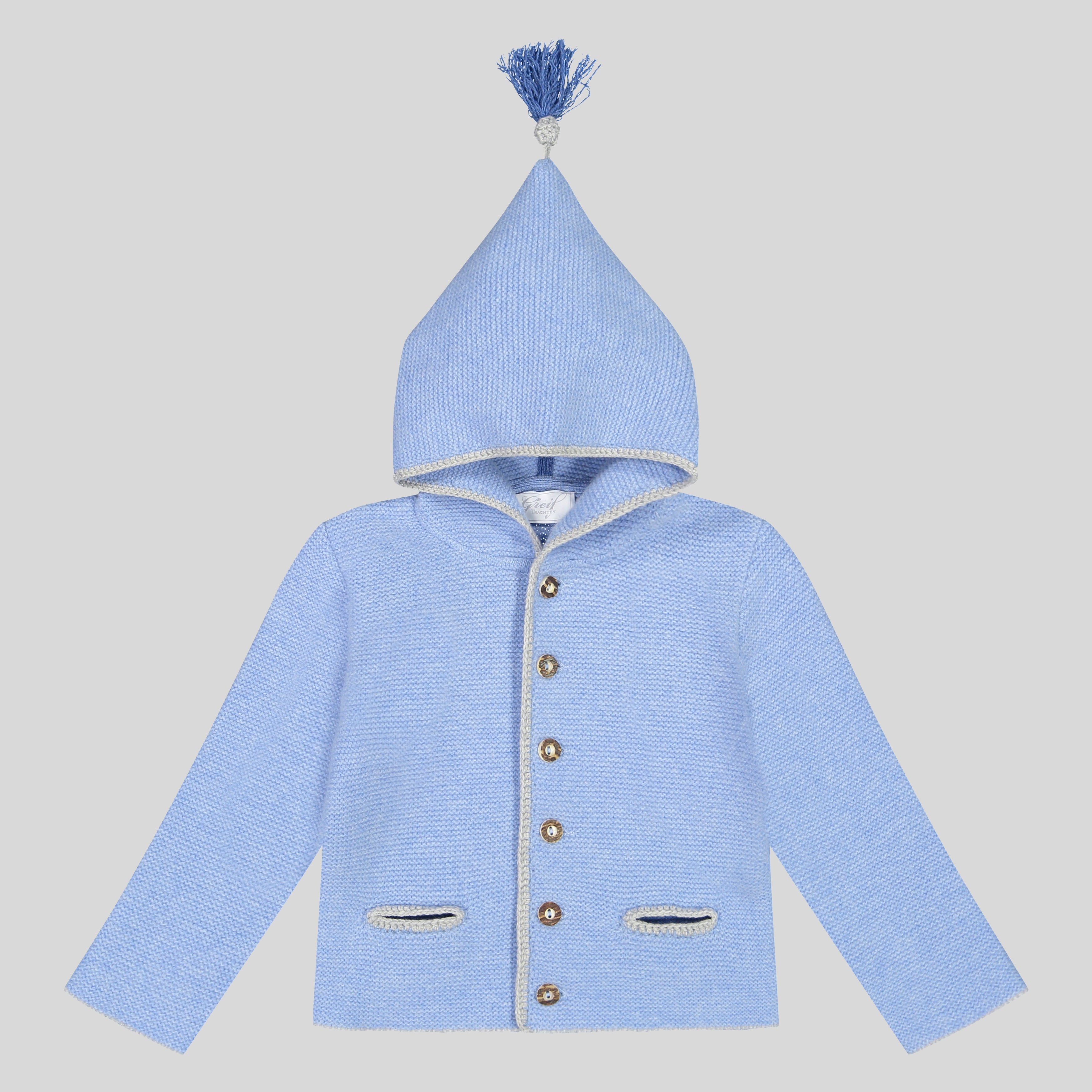 Kinder Kapuzenstrickjacke Linus, hellblau/silbergrau/mittelblau