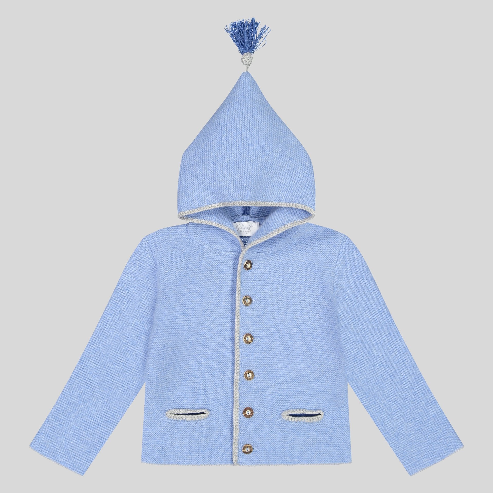 Kinder Kapuzenstrickjacke Linus, hellblau/silbergrau/mittelblau