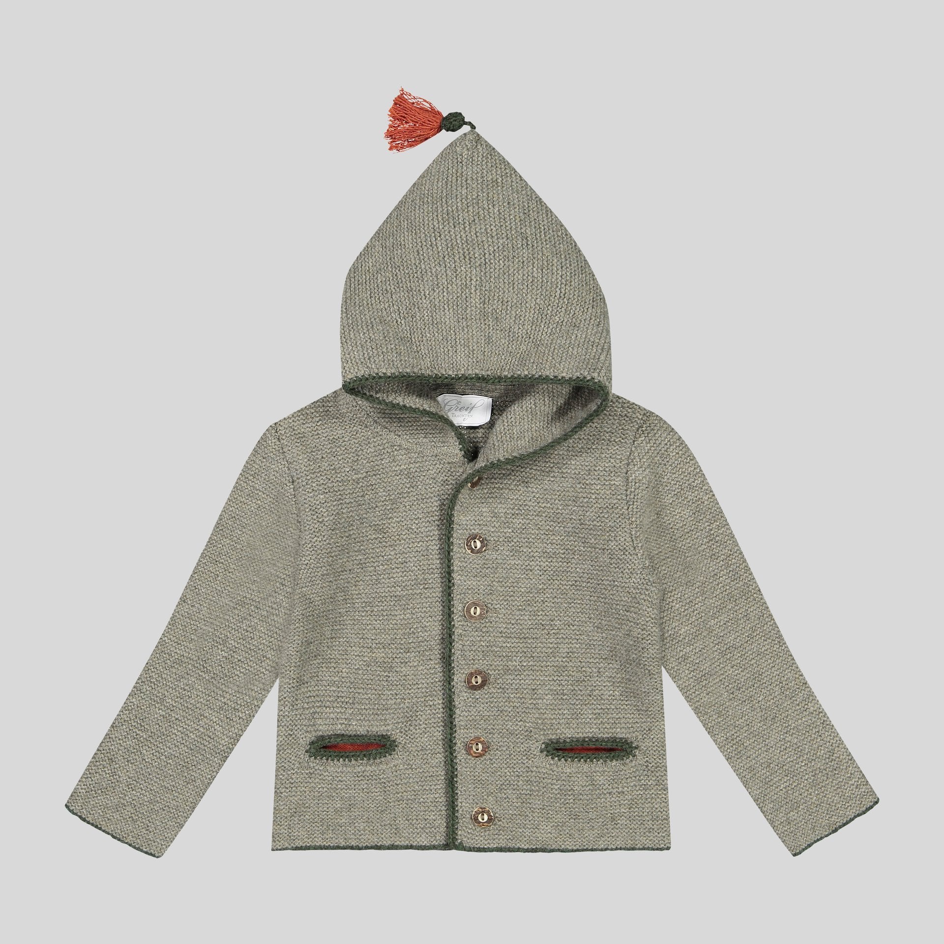 Kinder Kapuzenstrickjacke Linus,  flechte/loden/orange