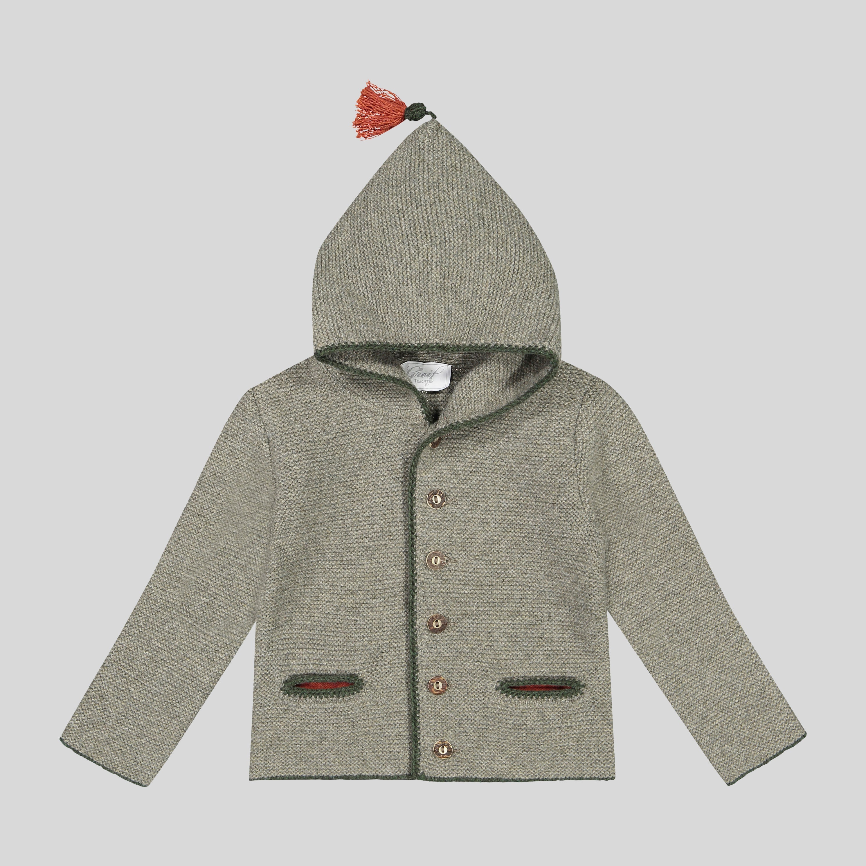 Kinder Kapuzenstrickjacke Linus,  flechte/loden/orange