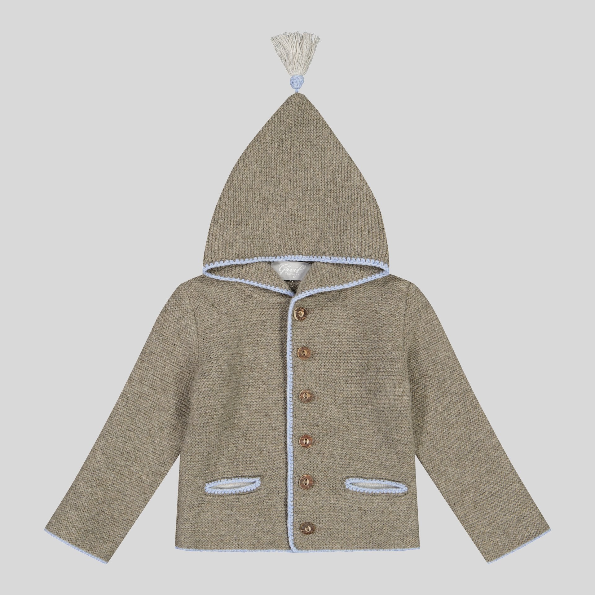 Kinder Kapuzenstrickjacke Linus, kiesel/hellblau/hellgrau