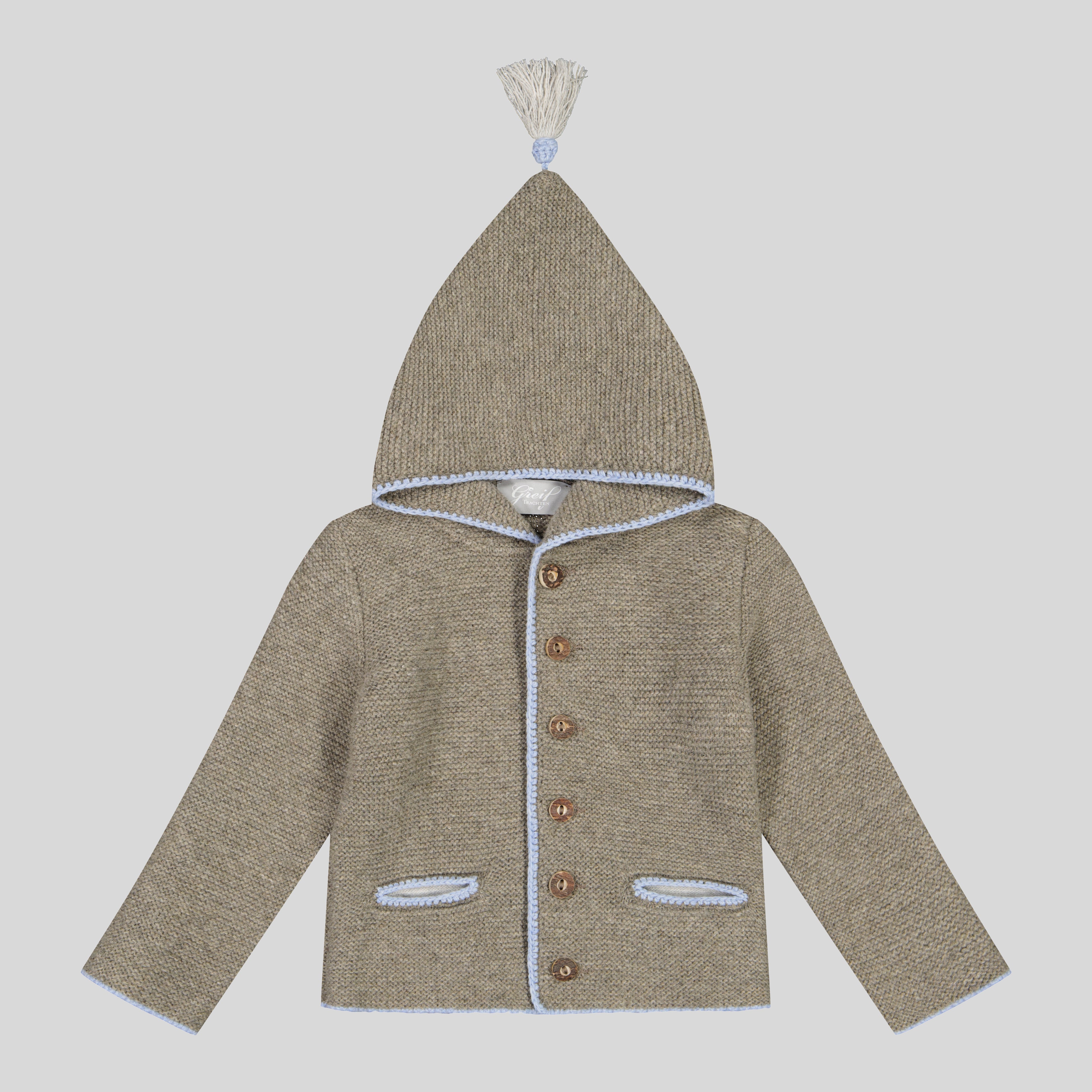 Kinder Kapuzenstrickjacke Linus, kiesel/hellblau/hellgrau