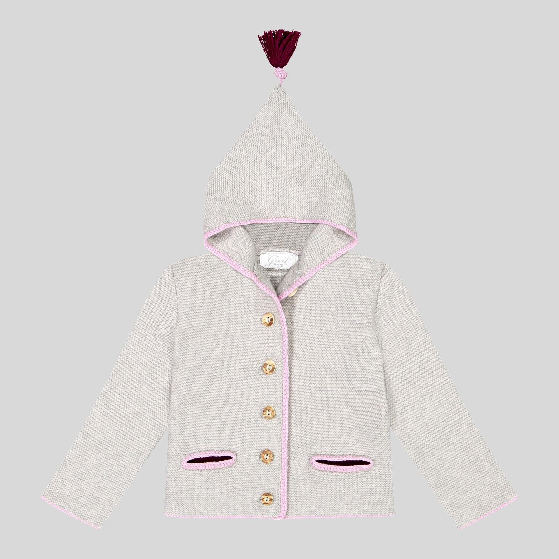 Kinder Kapuzenstrickjacke Leni, hellgrau/rosé/beere