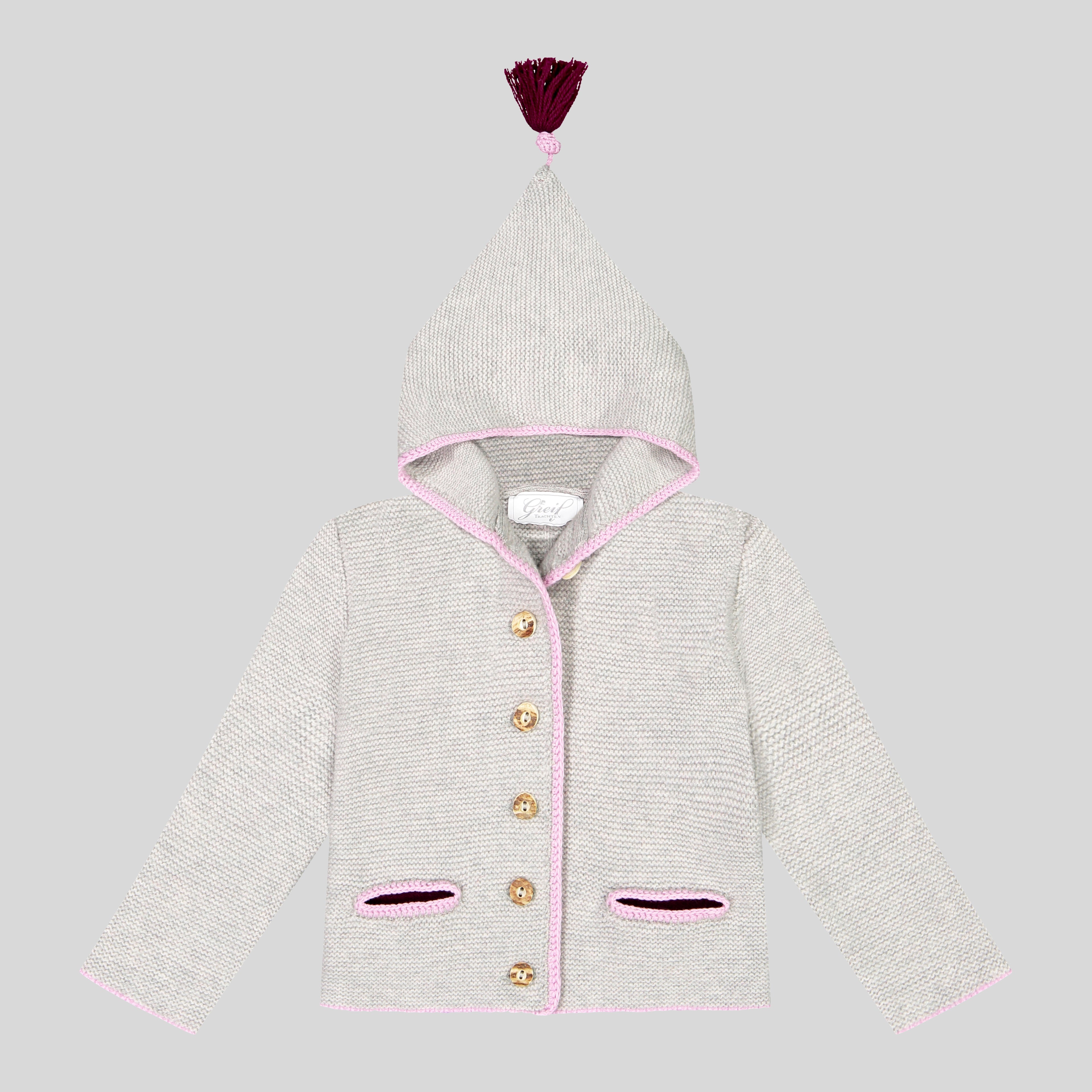 Kinder Kapuzenstrickjacke Leni, hellgrau/rosé/beere