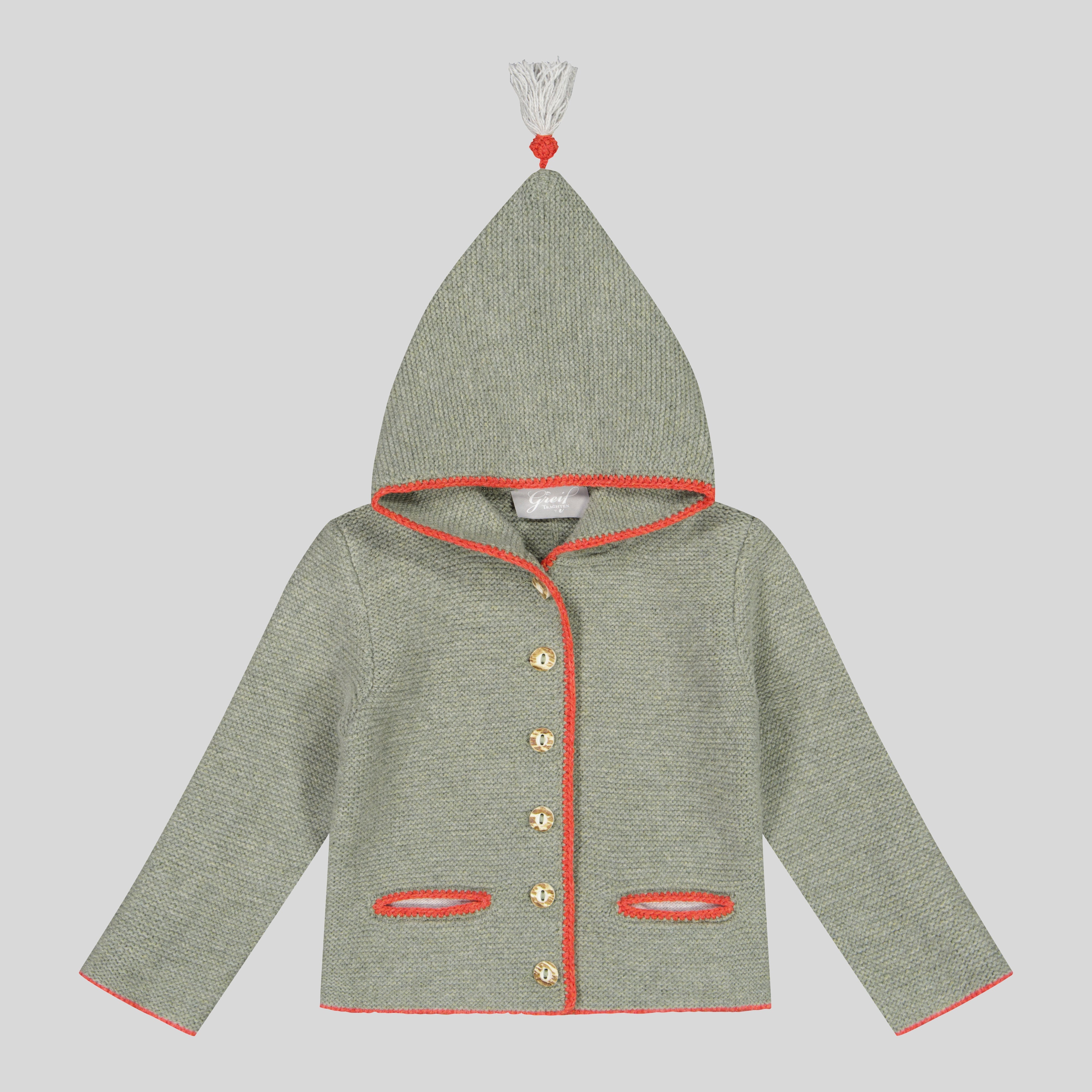 Kinder Kapuzenstrickjacke Linus, flechte/orange/hellgrau
