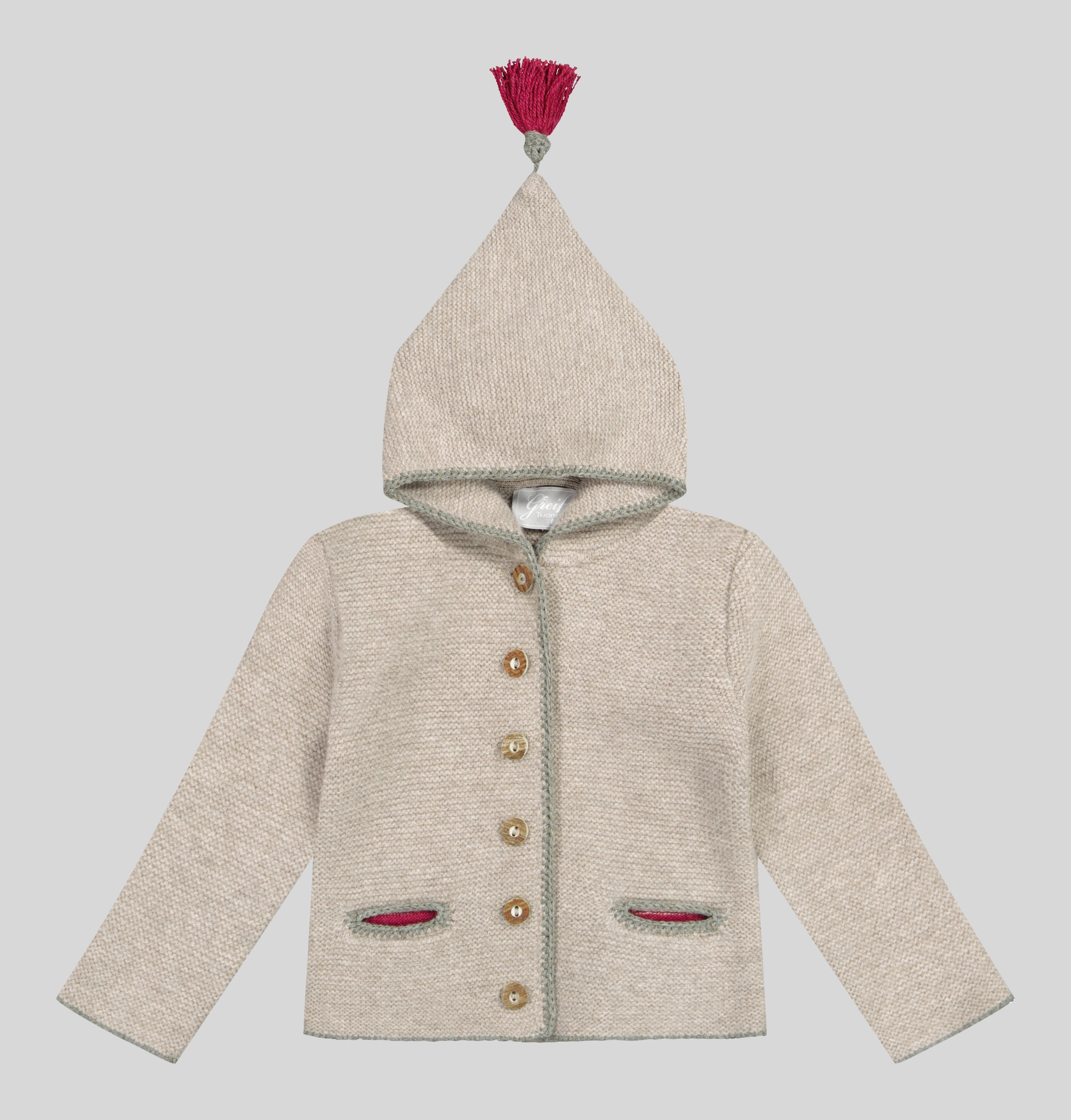 Kinder Kapuzenstrickjacke Leni, cobble/flechte/rubin